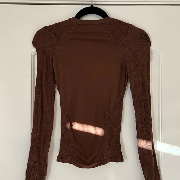 Free People Brown Lace Long Sleeve Fitted Blouse - Picture 6 of 7